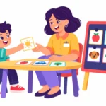 Nonverbal student handing a picture card from a PECS communication board to a teacher