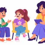Illustration for peer conflict resolution: two students sitting face to face on chairs talking calmly while a counselor listens