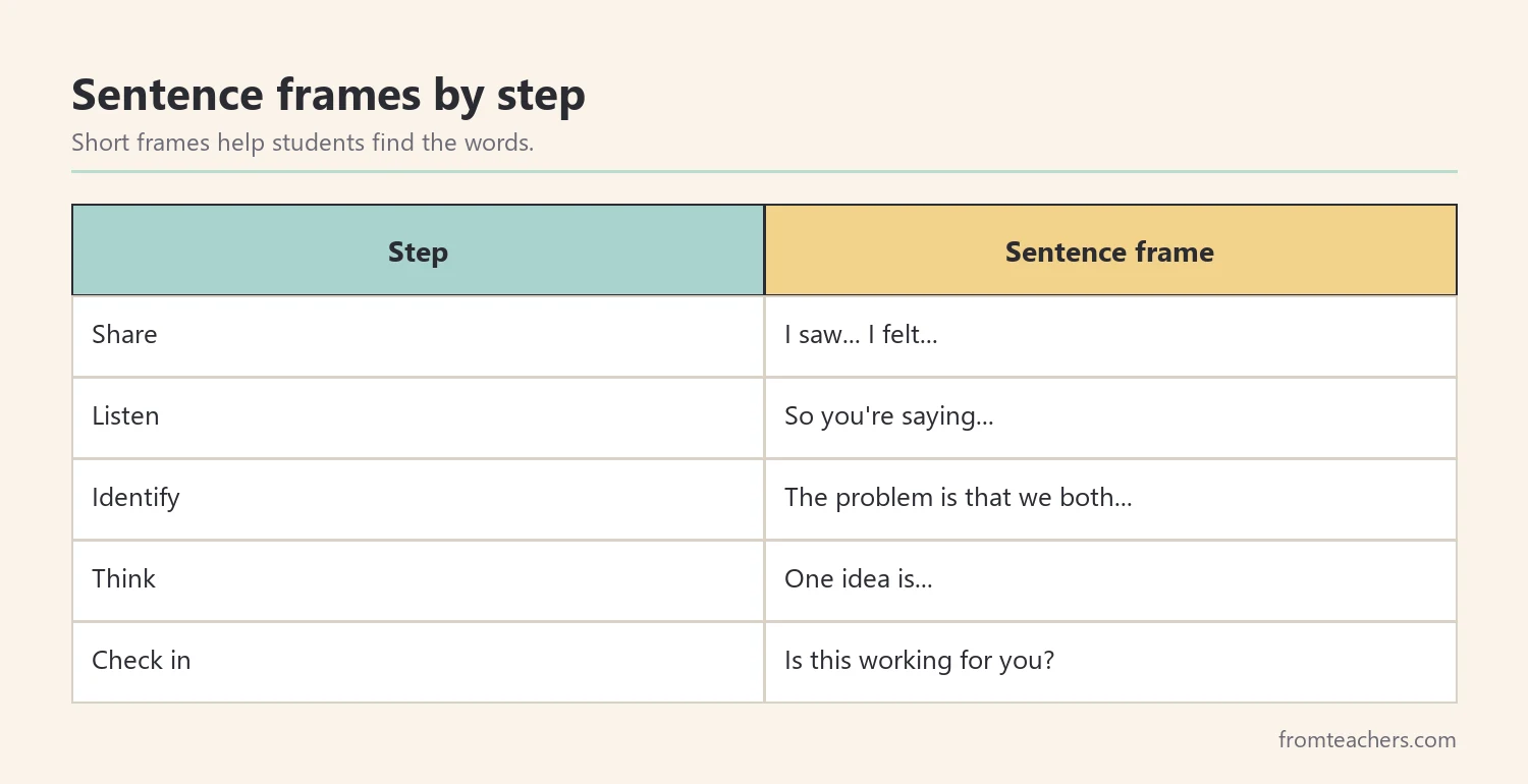Table of sentence frames for sharing, listening, identifying the problem, thinking of ideas, and checking in