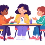 peer mediation in schools: two students at a small table while a student mediator listens between them