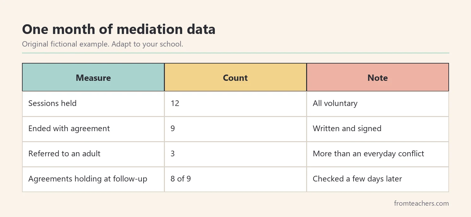 Fictional one-month record of twelve mediations, nine agreements, three adult referrals, and eight agreements holding