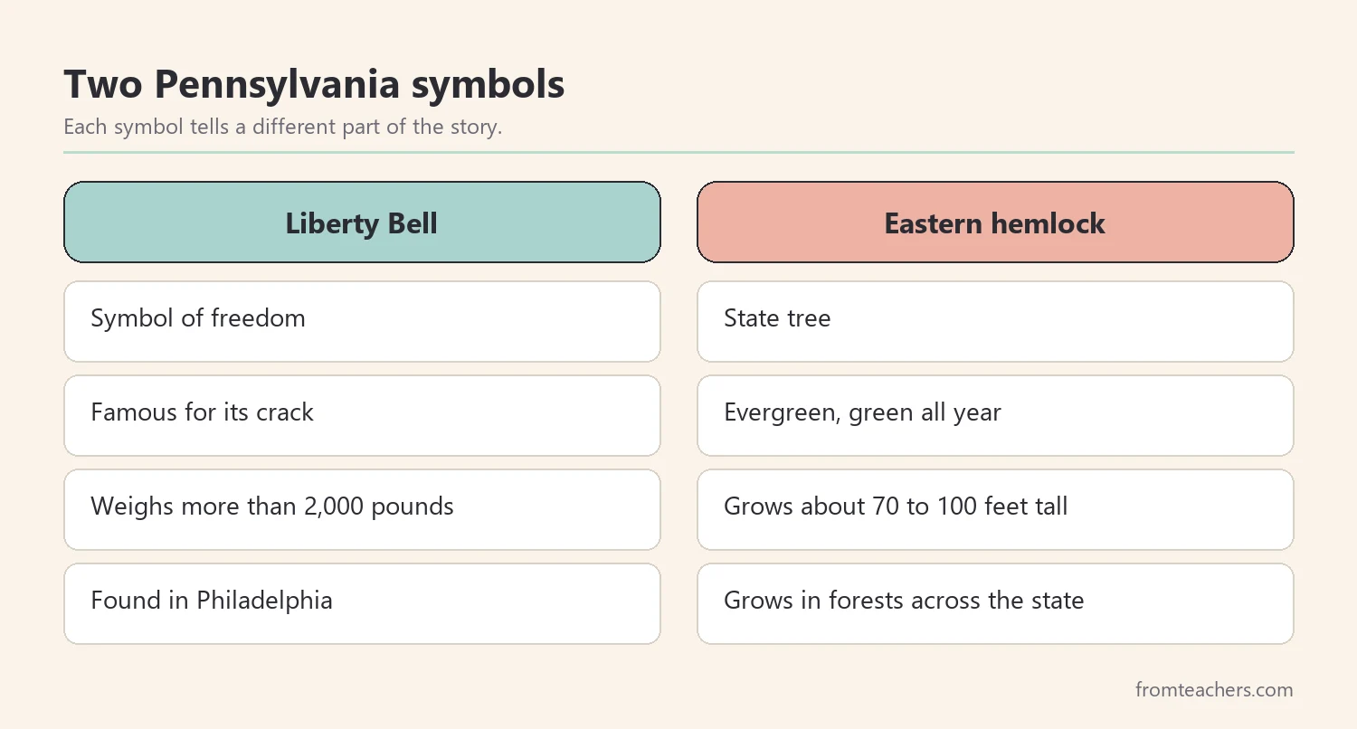Comparison of two Pennsylvania symbols for kids: the Liberty Bell and the eastern hemlock