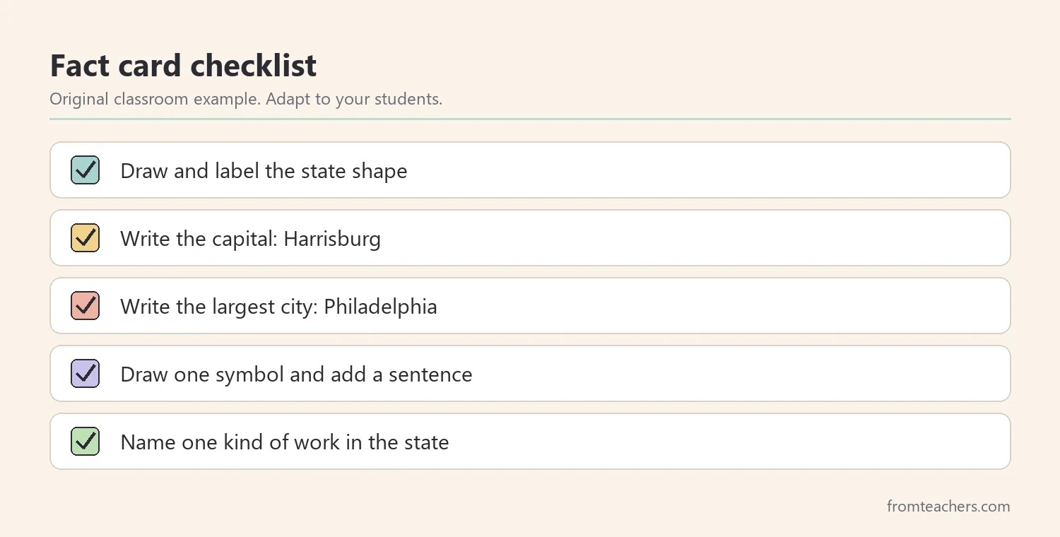 Checklist for a Pennsylvania facts for kids fact card project