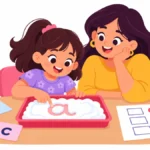 Illustration of a mother and a seven-year-old girl spelling words in a tray of shaving foam at home
