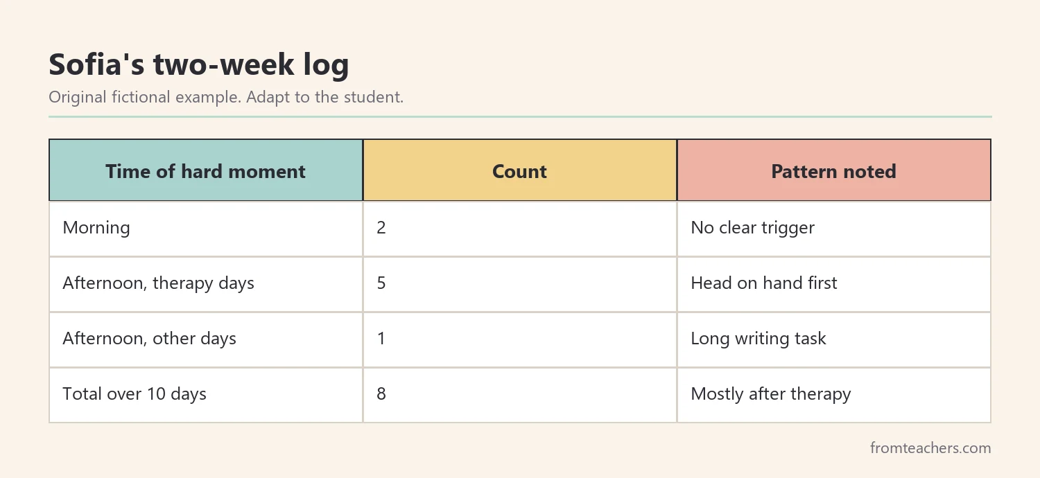 Fictional two-week log showing hard moments by time of day, mostly in the afternoon after therapy