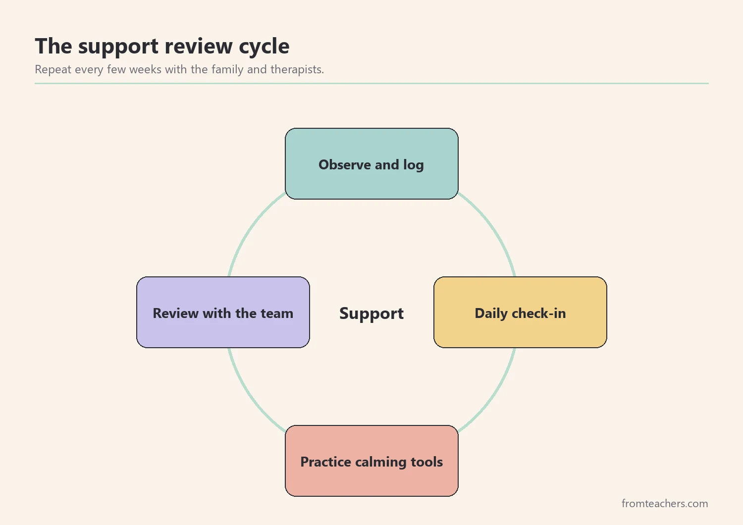Review cycle for emotional support: observe, check in, practice calming tools, and review with the team