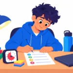 Illustration of a teenager building planner habits for teens at a desk with a task sheet and timer