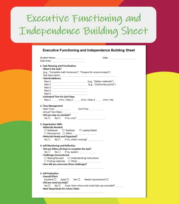 Executive functioning sheet student task planning and self-monitoring tool cover