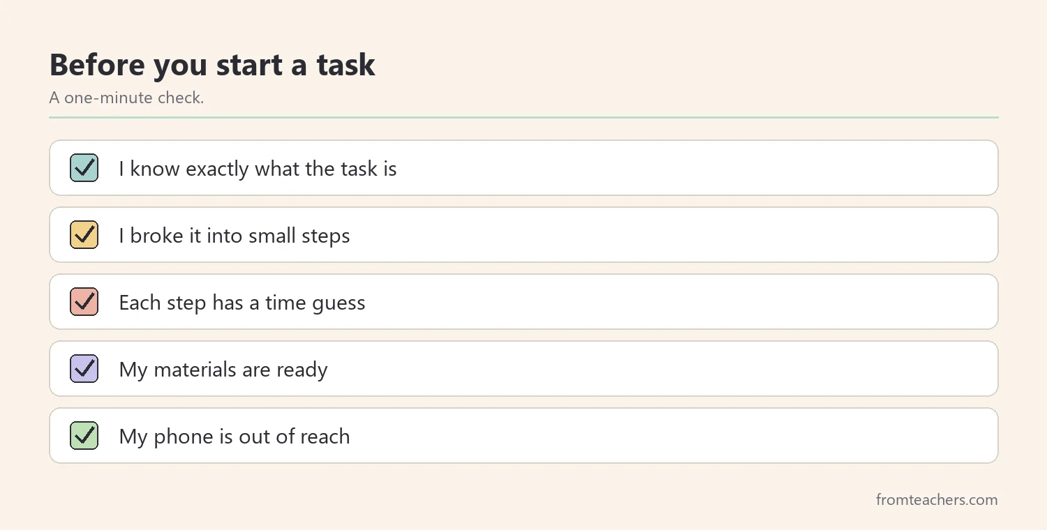 Checklist of five things to check before starting a task as part of planner habits for teens