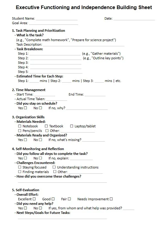 Preview of the executive functioning sheet with task steps, time estimates and reflection