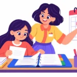 Illustration for planning and organization deficits: a student sorting papers into a colorful three-tab binder while a teacher points to a wall calendar