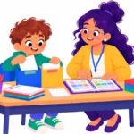 Illustration for planning and organization skills: a boy sorting papers into a two-pocket folder at a tidy desk while a teacher points to a planner