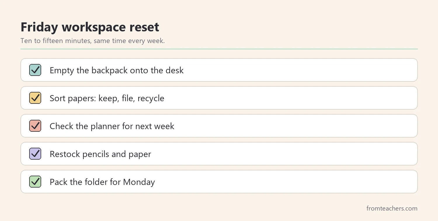 Checklist for a weekly workspace reset: empty the bag, sort papers, check the planner, restock supplies, and pack for Monday