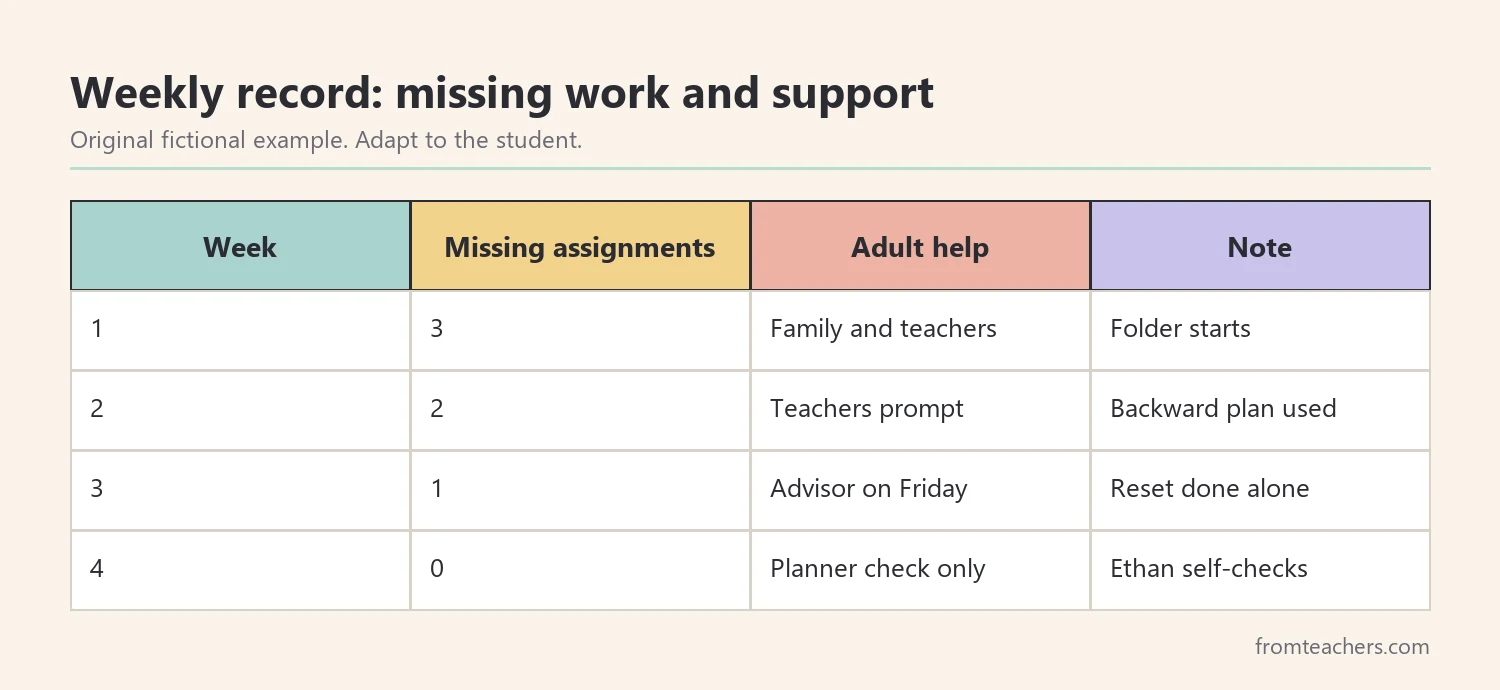 Table of four weeks of fictional data showing missing assignments and the level of adult help a student needed