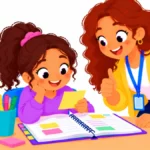 Illustration for positive affirmations for kids: a smiling girl at her desk reading a sticky note while her teacher gives a thumbs up