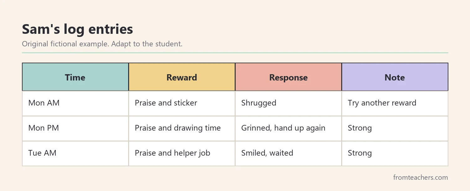 Sample log entries showing date, reward given, student response, and a note