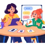 Illustration of three middle school students practicing a conversation with topic cards at a round table