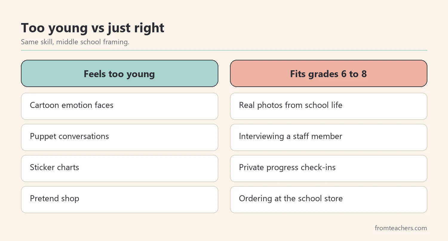 Comparison of childish and age appropriate pragmatic language practice for middle school students