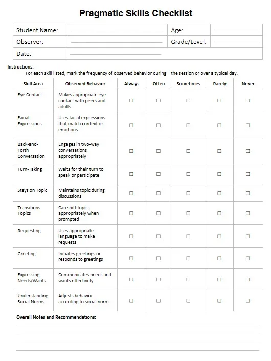 Preview of the pragmatic skills checklist with ten skill areas and a five point frequency scale
