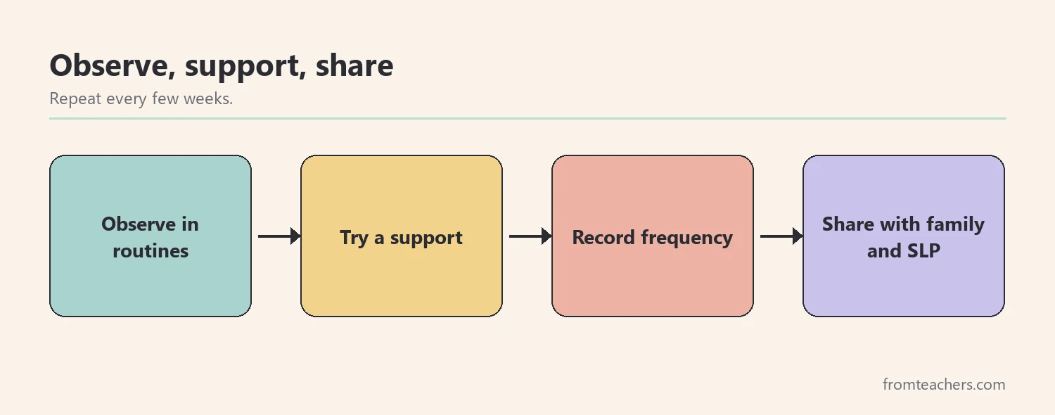 Flow of four boxes showing observe, support, record and share for pragmatic language in preschool