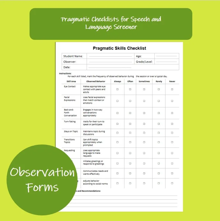 Pragmatic checklists for speech and language screener cover with observation forms