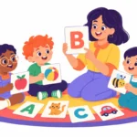 Preschoolers enjoying preschool alphabet activities with letter cards on a rug