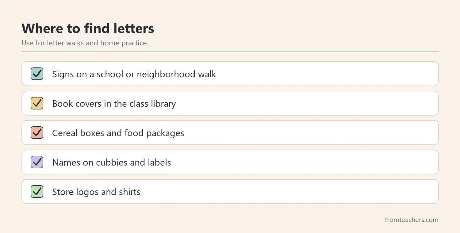 Checklist of everyday places to find letters during preschool alphabet activities