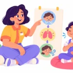Illustration for printable classroom posters: a teacher pointing to a breathing poster in a calm corner while a girl follows along