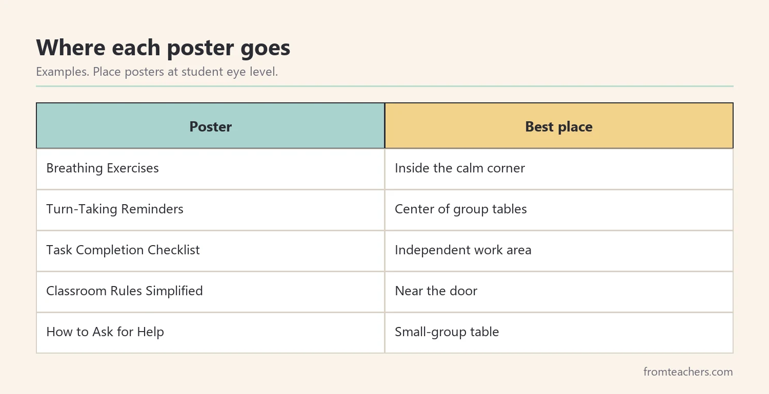 Table matching example posters to the classroom places where they are most useful