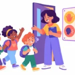 Illustration for proactive behavior strategies: a teacher calmly greeting students at the classroom door with a visual rules poster behind her