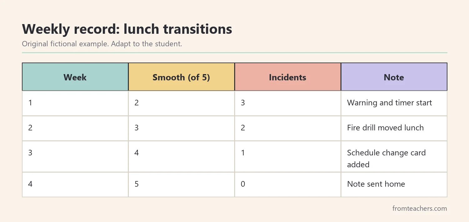 Table of four weeks of fictional data showing lunch transitions completed and incidents for one student