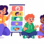 Illustration for problem solving strategies for students: a teacher pointing at a five-step problem solving poster while two students talk through a disagreement
