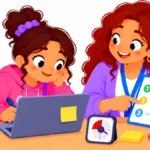 Illustration for procrastination vs executive dysfunction: a teenage girl at a laptop with a sticky note and a timer while a teacher sits beside her pointing to a short list of steps