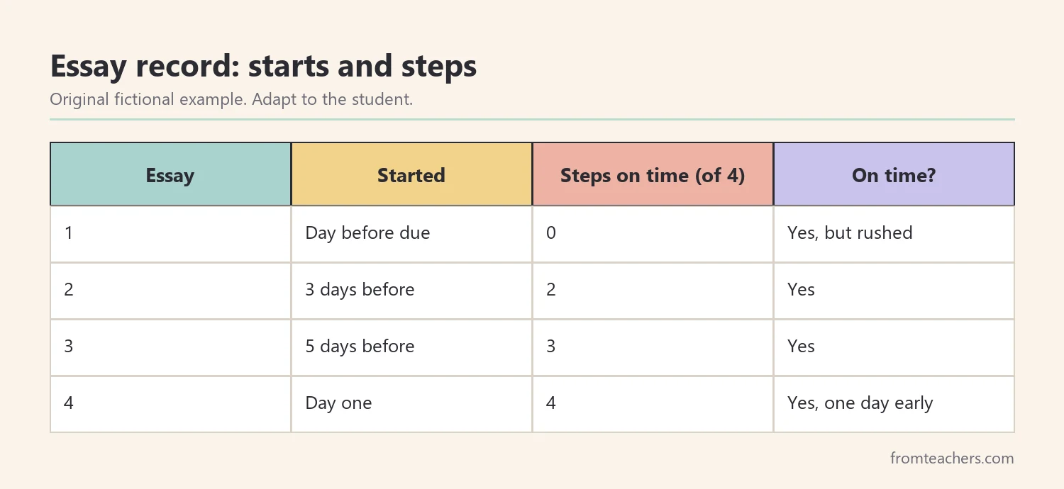 Table of four fictional essays showing the start day, steps finished on time, and whether the essay was on time