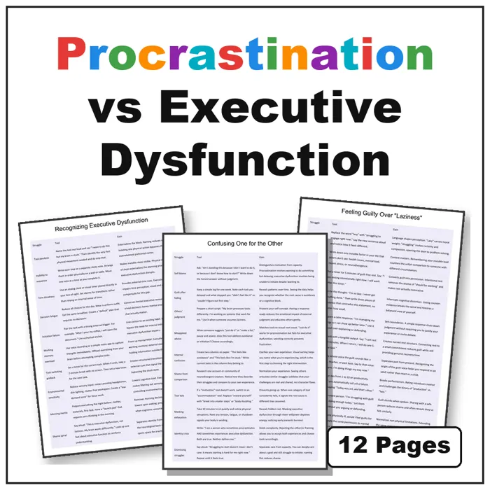 procrastination vs executive dysfunction printable pages preview