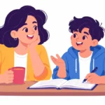 Illustration for puberty for autistic teens: a parent and a teenager talking calmly at a kitchen table with a notebook