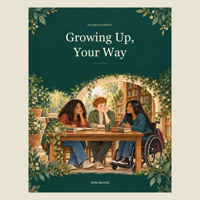 Growing Up, Your Way autism and puberty guide cover with three teenagers at a table