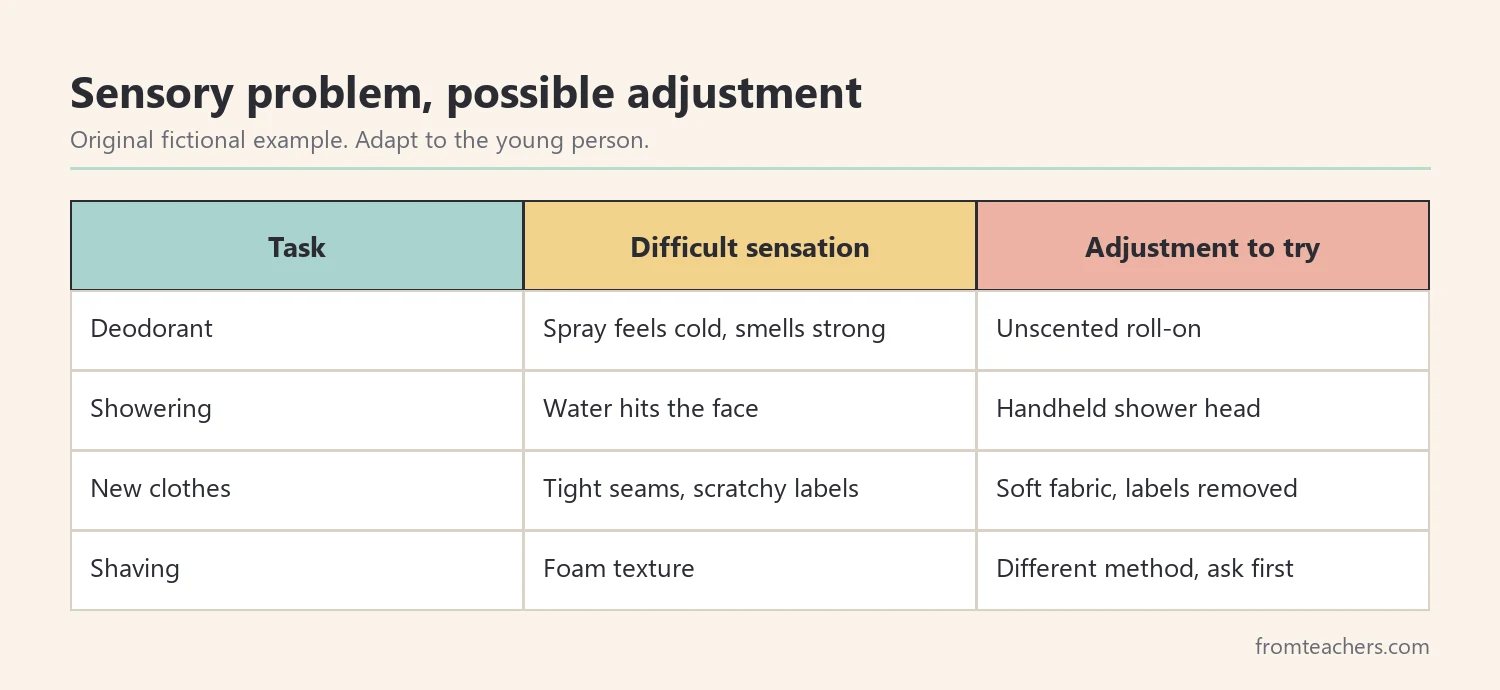Matrix of four personal care tasks with the difficult sensation and an adjustment to try for each