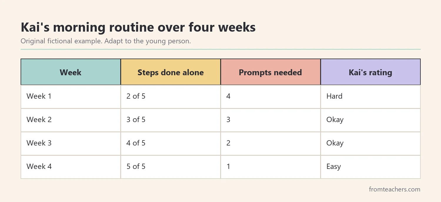 Table of a fictional teen's morning routine over four weeks showing steps done alone, prompts, and self-rating