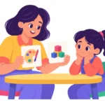 Illustration for reactive attachment disorder: a calm teacher sitting at eye level beside a quiet girl, offering her a choice between two activity cards at a small table