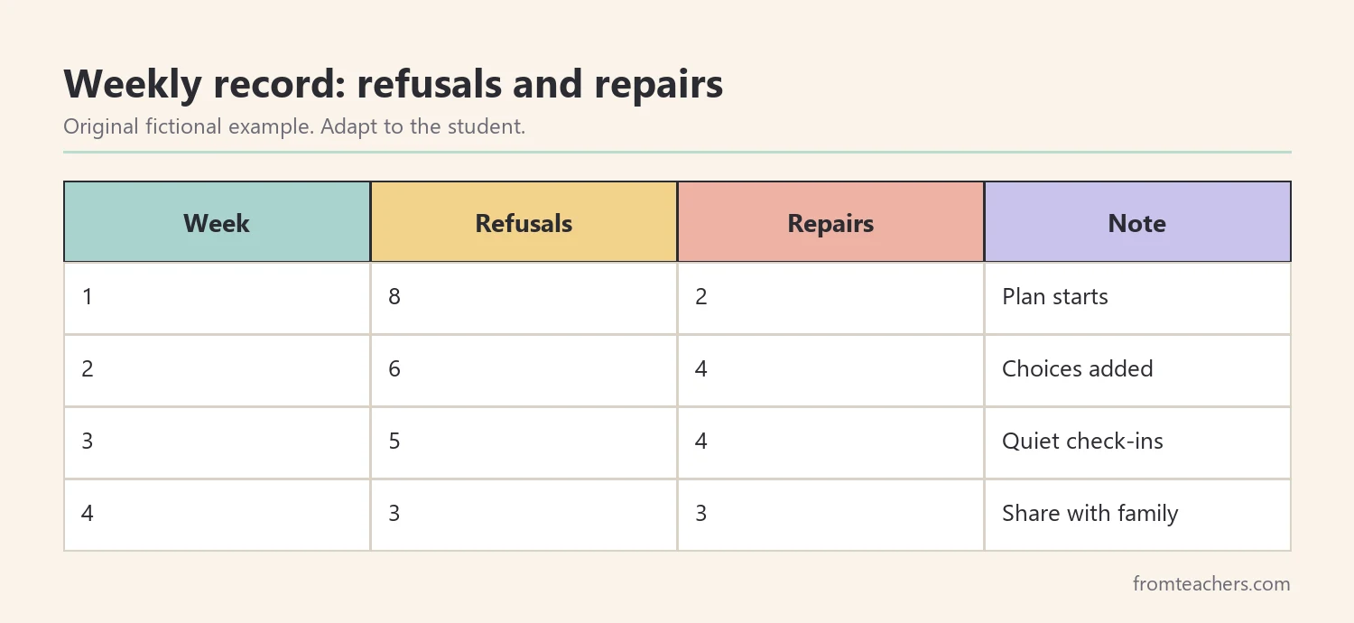 Fictional four-week record of refusals and repair conversations
