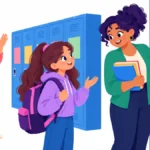 Illustration of a middle school girl talking confidently with her teacher at the classroom door while her parent waves goodbye