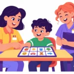 Illustration for receptive and expressive language: a teacher sitting at a small table with a boy using a picture communication board while a speech therapist smiles nearby