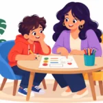 Illustration of a school counselor reviewing a reflection sheet with a student at a small round table