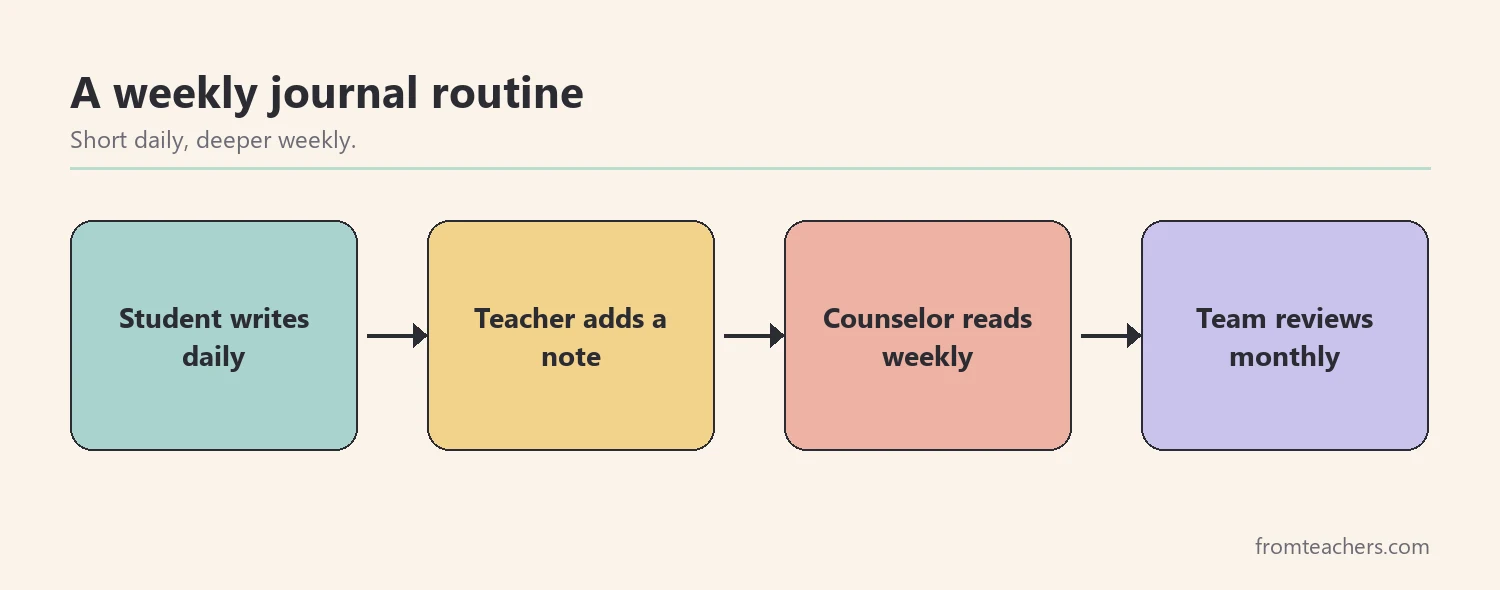 Flow of four boxes showing a weekly reflection journal routine for counselors