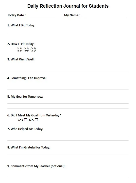 Preview of the daily reflection journal with feeling scale, what went well, goal for tomorrow and gratitude sections