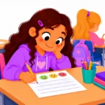 Illustration of a grade 5 student writing in a reflection journal at the end of the school day