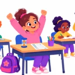 Illustration for refocus strategies: a student at a desk stretching her arms up beside a small sand timer and a short task list, with a calm classroom behind her