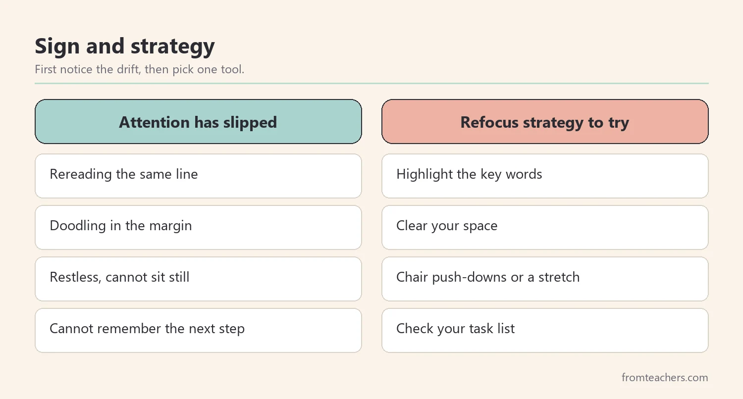 Comparison of signs that attention has slipped and a refocus strategy to try for each