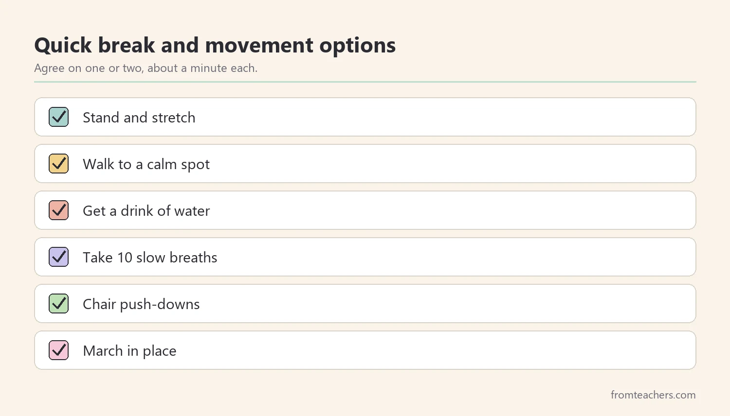 Checklist of six quick brain break and movement options for refocusing